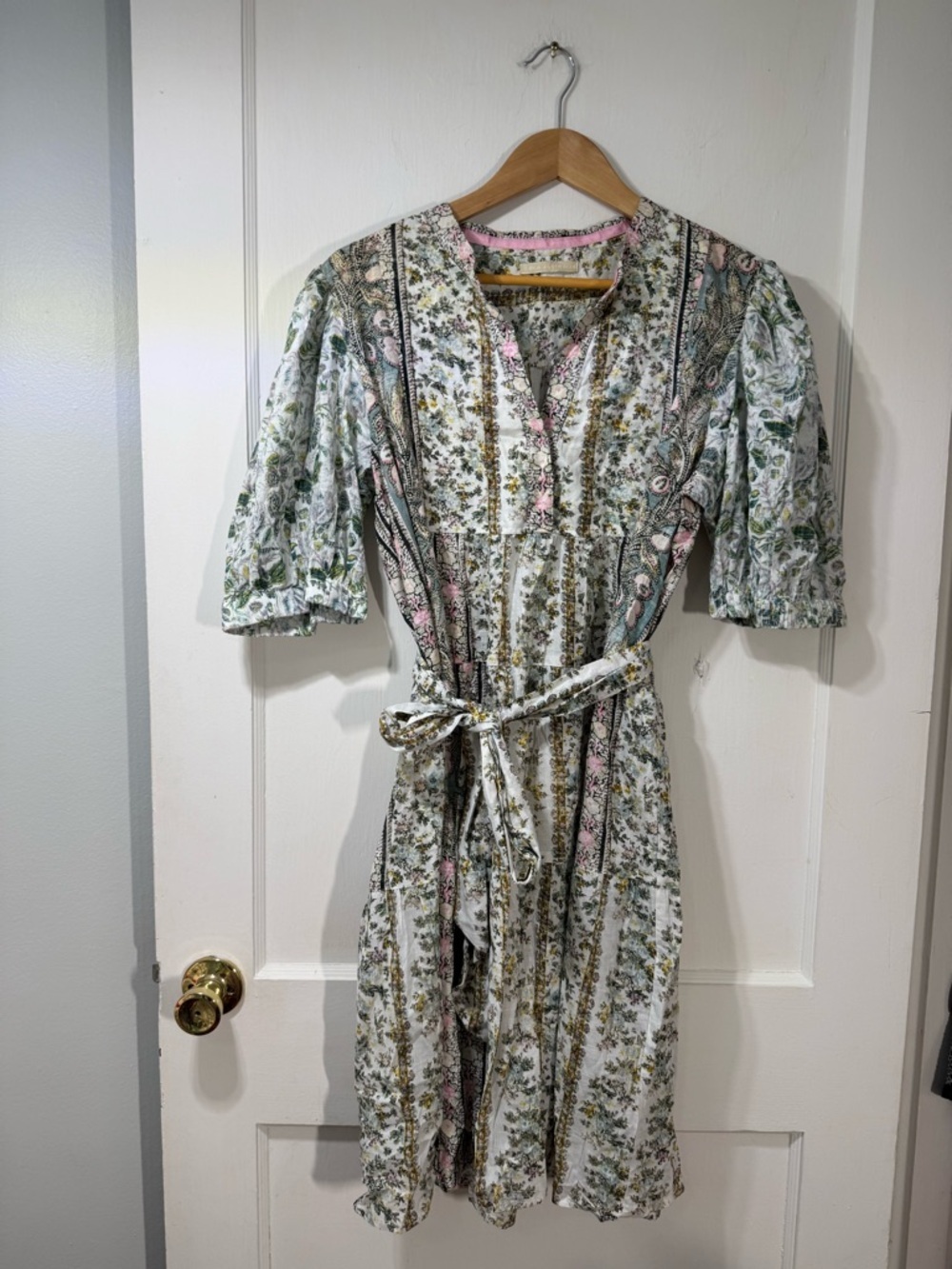 Lola Australia Boho Floral Belted Mini Dress in White, Green & Pink 100% Cotton
